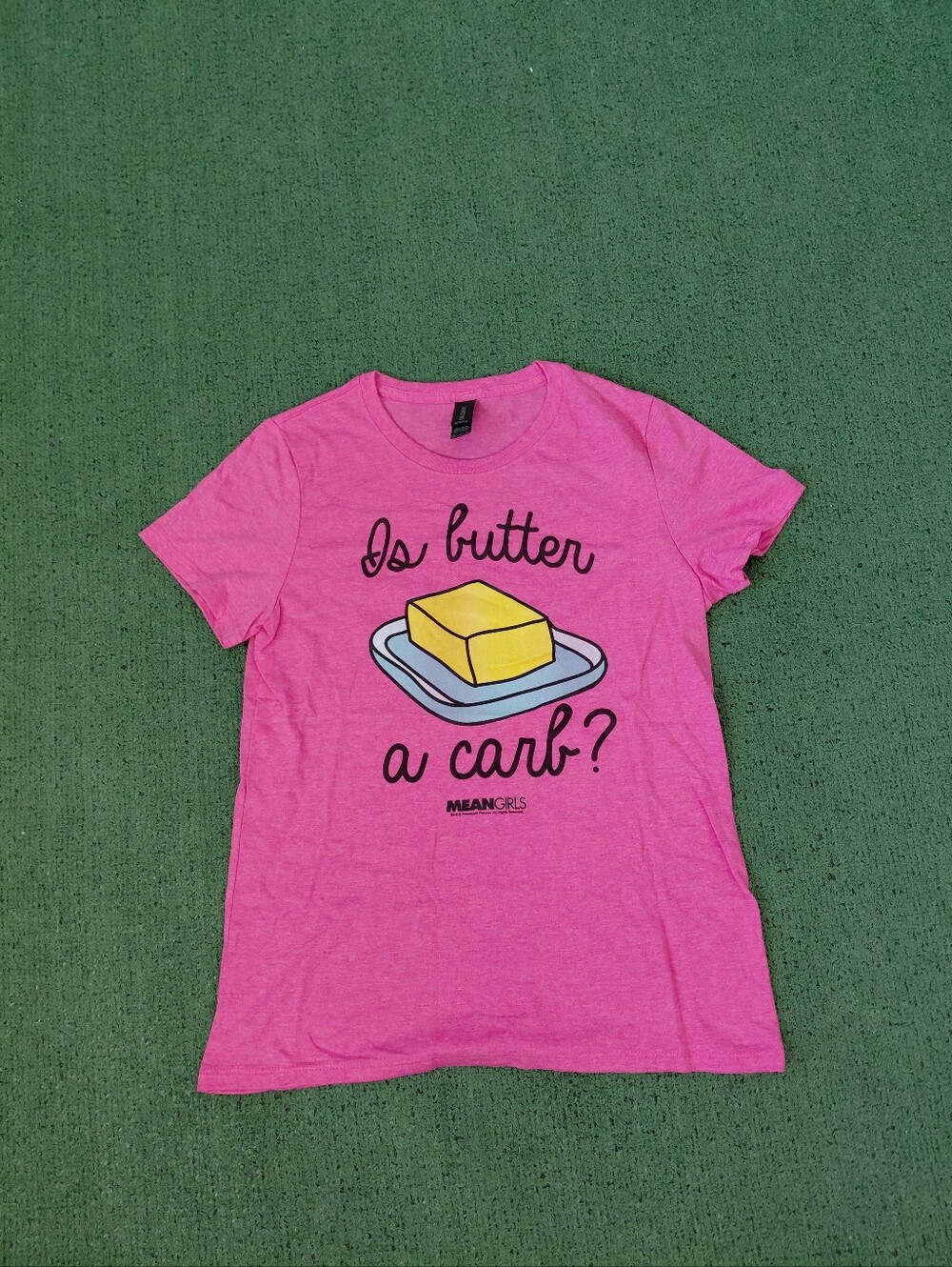 Womens Mean Girls Is Butter A Carb Quote Movie Pink T Shirt Sz Small